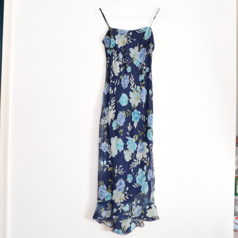 BE SMART Vintage Navy Blue Flowy Chiffon Floral High Low Maxi Dress | Size S